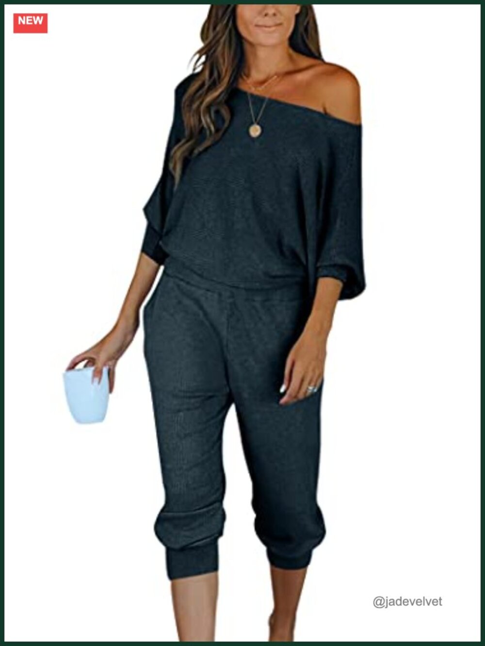 Ribbed Knit Two Piece Lounge Set Off Shoulder Top High Waist Pants
